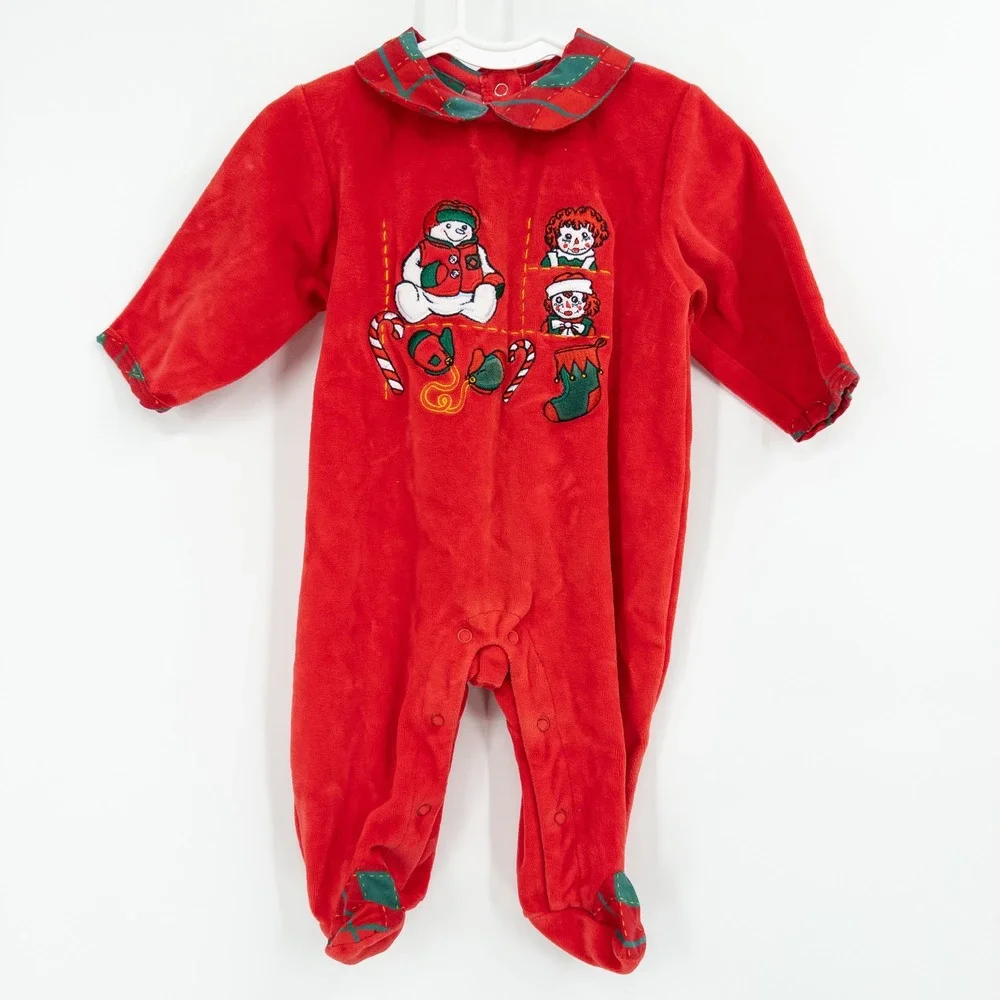 Vintage 90s Raggedy Ann Christmas Baby Romper 3-6‎ Months Snowden & Friends Red